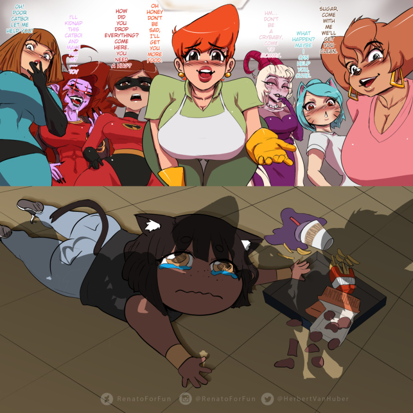 1boy 6+girls 7girls alternate_breast_size anthro armwear big_breasts blonde_hair blue_hair breasts breasts_bigger_than_head brown_eyes brown_hair cartoon_network catboy cleavage crossover crying crying_with_eyes_open danny_phantom dark-skinned_male dark_skin dexter&#039;s_laboratory dexter&#039;s_mom disney disney_channel dog elastigirl eyewear female friday_night_funkin furry goof_troop hanna-barbera harem hazbin_hotel helen_parr huge_breasts human human_female humanized kon_(renatoforfun) large_breasts legwear light-skinned_female light_skin lilith_morningstar_(hazbin_hotel) madeline_fenton male meme milf mommy_mearest mother nickelodeon nicole_watterson nicole_watterson_(human) orange_hair pale_skin parent peg_pete pixar pov_eye_contact renatoforfun smooth_skin superheroine talking_to_another the_amazing_world_of_gumball the_amazing_world_of_gumball_(human) the_incredibles vivienne_medrano