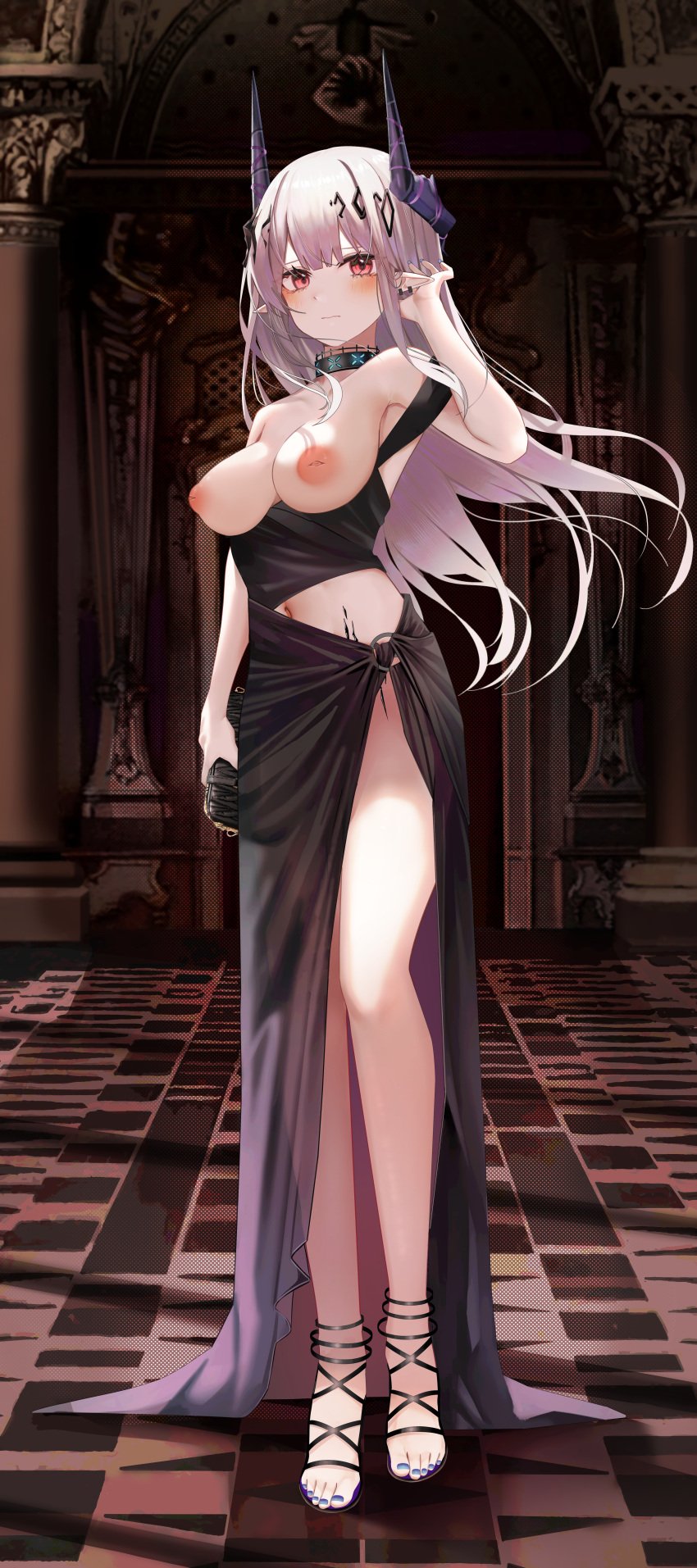 1girls adjusting_hair areolae arknights bare_shoulders big_breasts blush breasts choker dress ear_piercing earrings elegant embarrassed exposed_breasts female female_only high_heels highres holding_purse indoors inverted_nipples legs light-skinned_female long_dress long_hair long_legs looking_at_viewer mudrock_(arknights) nails navel nervous nipples oripathy_lesion_(arknights) pink_eyes pointy_ears purse ru_zhai sandals shy sleekite solo toenail_polish toes white_hair