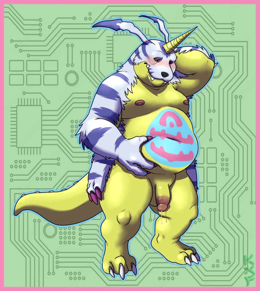 animal_skin anthro balls bandai_namco belly belly_markings blush bodily_fluids claws digimon digimon_(species) flaccid fupa gabumon genital_fluids genitals hi_res horn kronexfire male male_only markings moobs navel nipples overweight penis precum scalie solo yellow_body