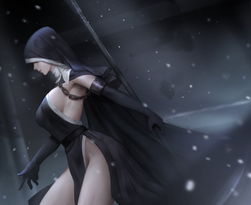 big_breasts black_gloves cape chains dark_souls dark_souls_3 elbow_gloves female female_only fromsoftware gloves habit headwear kangagi97 no_bra nun painting_(artwork) pale-skinned_female pale_skin pelvic_curtain profile shackles side_slit sideboob sister_friede solo tangerine_(dudu) veil weapon