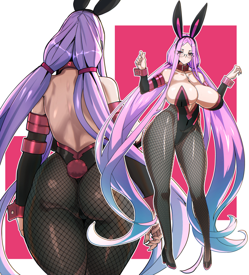 absurdres animal_ears ass black_leotard breasts bursting_breasts collar curvy detached_sleeves elbow_gloves fake_animal_ears fake_tail fate/grand_order fate/hollow_ataraxia fate/stay_night fate_(series) fishnet_legwear fishnets glasses high_heels highres huge_breasts leotard long_hair medusa_(fate) medusa_(rider)_(fate) multiple_views pantyhose playboy_bunny plump purple_collar purple_eyes purple_hair rabbit_ears rabbit_tail strapless strapless_leotard tail thick_thighs uc very_long_hair wrist_cuffs