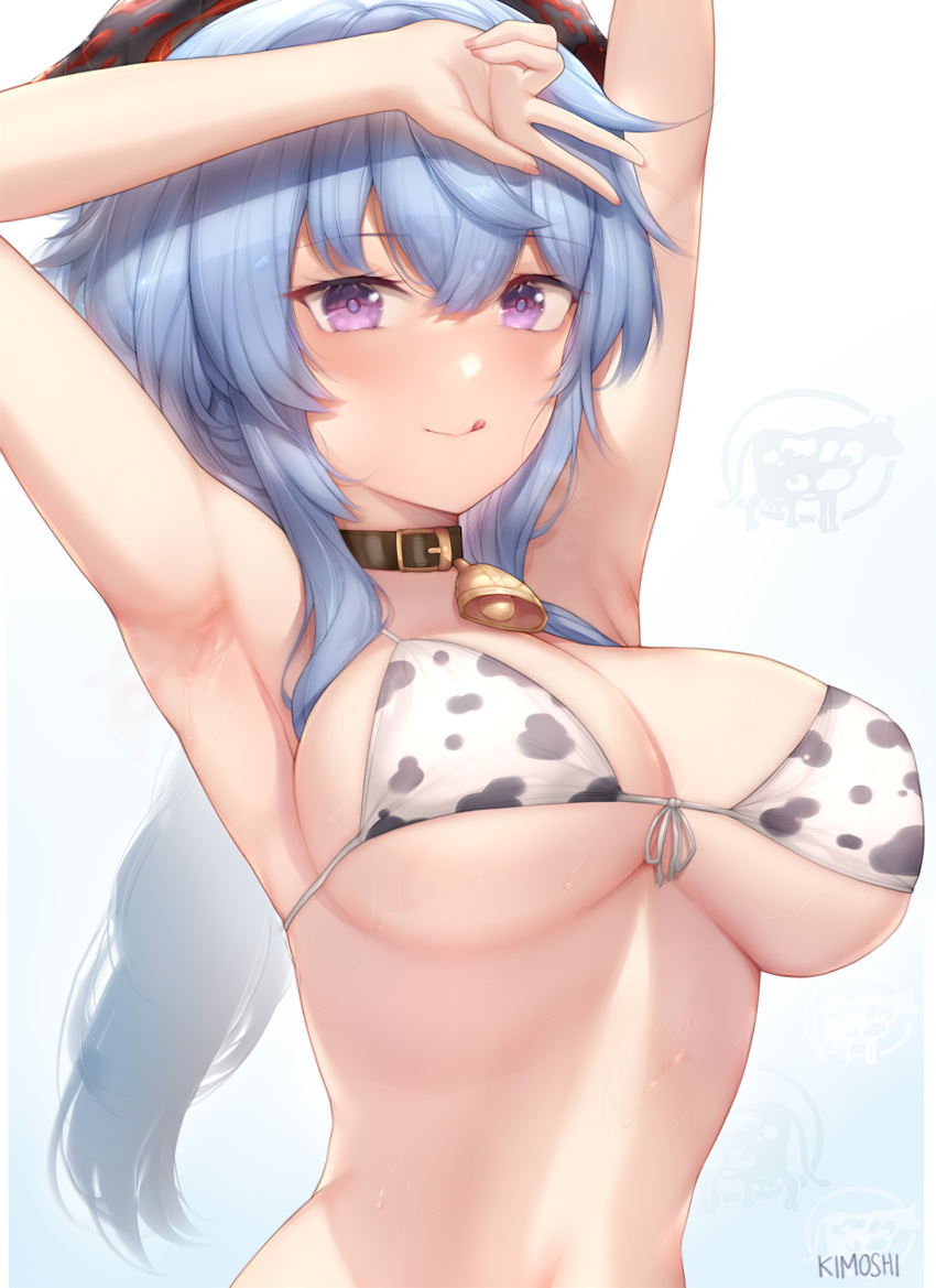 1boy arm_over_head armpits arms_up bangs bell bikini bikini_top black_collar blue_hair blush breast_grab breasts busty collar cow_bikini cow_print cowbell female ganyu_(genshin_impact) genshin_impact highres horns kimoshi large_breasts long_hair looking_at_viewer naughty_face neck_bell nipples nude peace_sign purple_eyes solo straight sweat underboob upper_body v