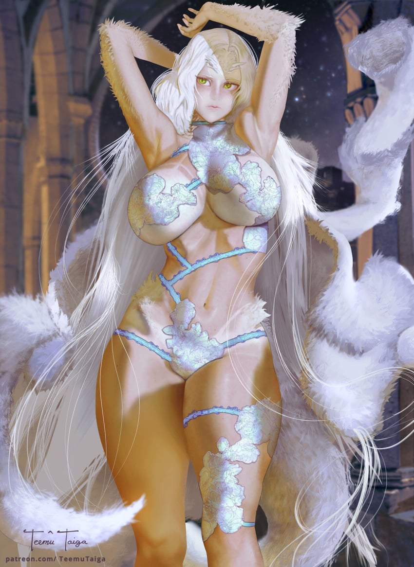 alternate_costume alternate_version_available armpits arms_up big_breasts cape covered_nipples crossbreed_priscilla dark_souls dragon_girl dragon_tail female female_only fromsoftware fur fur_cape furry_tail green_eyes horns huge_breasts long_hair revealing_clothes solo tan_skin tanline teemu_taiga thick_thighs very_long_hair white_hair wide_hips