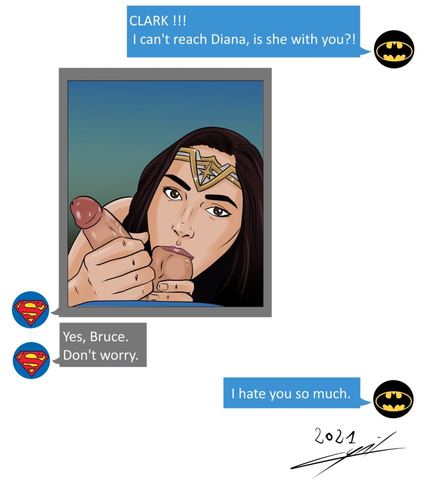 1girls 2021 ball_sucking batman chat cheating cuckold cyrilguiraud dc dc_comics dc_extended_universe diana_prince fellatio oral_sex orange_hair phone_chat phone_screen pov sucking_testicles superman superman_(series) testicle_sucking wonder_woman wonder_woman_(series)