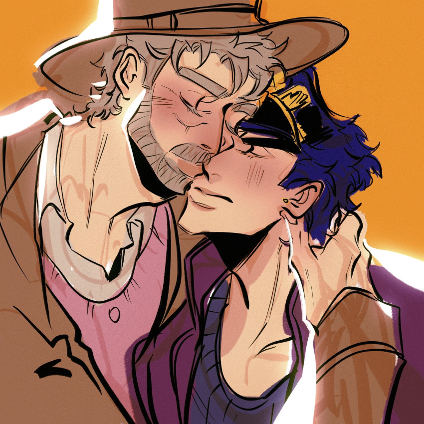 2boys beard black_hair blush brunet closed_eyes clothed earring earrings embarrassed fedora grandfather_and_grandson gray_hair grey_hair hand_on_neck hands incest jacket jijimago jojo's_bizarre_adventure joseph_joestar jotaro_kujo kissing kissing_nose male_focus male_only old_joseph older_male romantic salt_and_pepper_hair stardust_crusaders sweater tsundere wrinkles yaoi younger_male