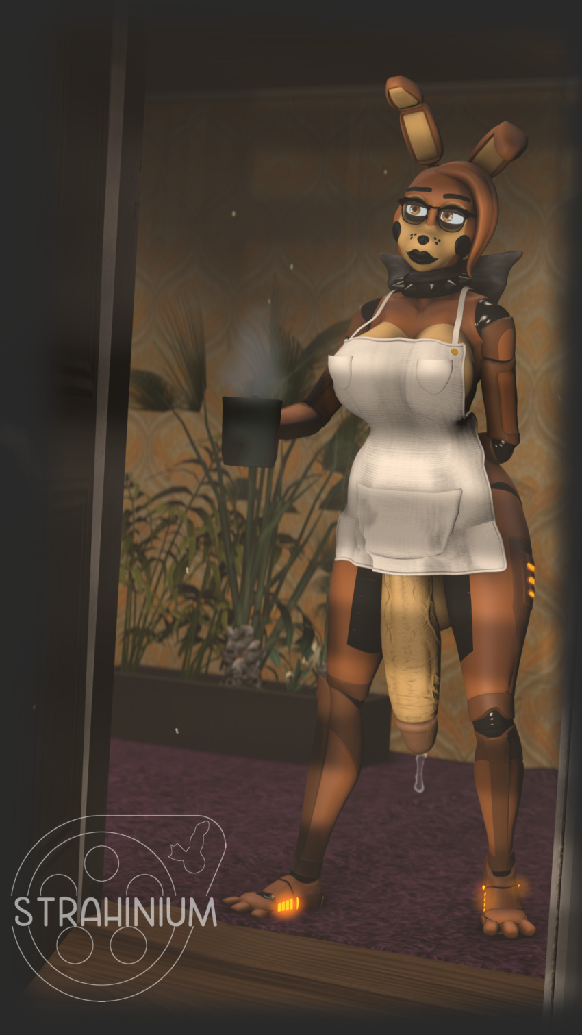 1futa 2021 3d 3d_(artwork) animatronic apron apron_only balls big_balls big_penis black_lips bodily_fluids bottomless bow_tie brown_body brown_eyes clothed clothing collar container cup digital_media_(artwork) eyewear fan_character feet five_nights_at_freddy's futa_only futanari genital_fluids genitals glasses gynomorph hi_res holding_cup holding_object humanoid_genitalia humanoid_penis inside intersex lagomorph leporid lips machine mammal mostly_nude penis precum rabbit robot scottgames solo spiked_collar spikes standing steam strahinium video_games