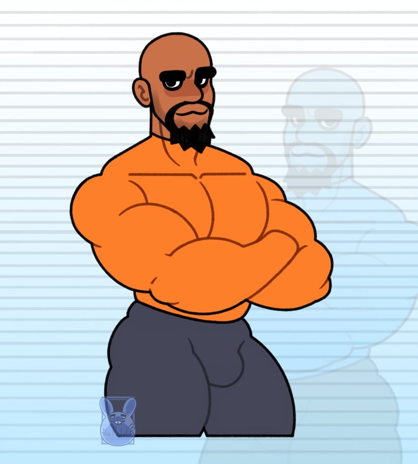 1boy 2021 african african_male almost_naked arms_crossed arms_crossed_under_pecs bald bald_man bara bara_tiddies bara_tits beard big_eyebrows black_beard black_eyebrows blush buff buff_male bulge dark-skinned_male dark_skin gray_pants grey_pants half-dressed logo looking_at_viewer male male_only matt_(wii_sports) melanin muscular muscular_male nintendo orange_shirt ornyrabi77 signature solo solo_male speech_bubble sweat sweatdrop sweating the_ornyrabi77 therabit wii_sports