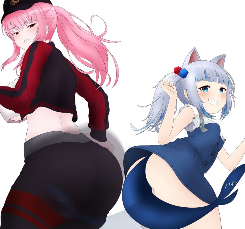 2girls ass ass_shake big_ass big_breasts breasts clothing female female_only gawr_gura gawr_gura_(casual) hololive hololive_english hololive_myth huge_ass huge_breasts looking_at_viewer looking_back mhaknow midriff mori_calliope motion_blur no_panties overall_skirt overalls simple_background smile twerking underboob virtual_youtuber