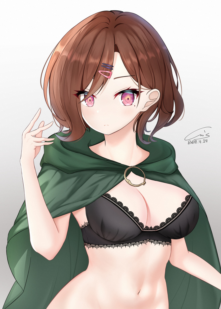 black_bra bra brown_hair cleavage cloak cosplay crossover elden_ring female female_only fromsoftware hairclip higuchi_madoka idolmaster idolmaster_cinderella_girls lace-trimmed_bra looking_at_viewer medium_breasts melina_(elden_ring)_(cosplay) mole_under_eye picot_trim picot_trim_bra pink_eyes short_hair solo wavy_hair