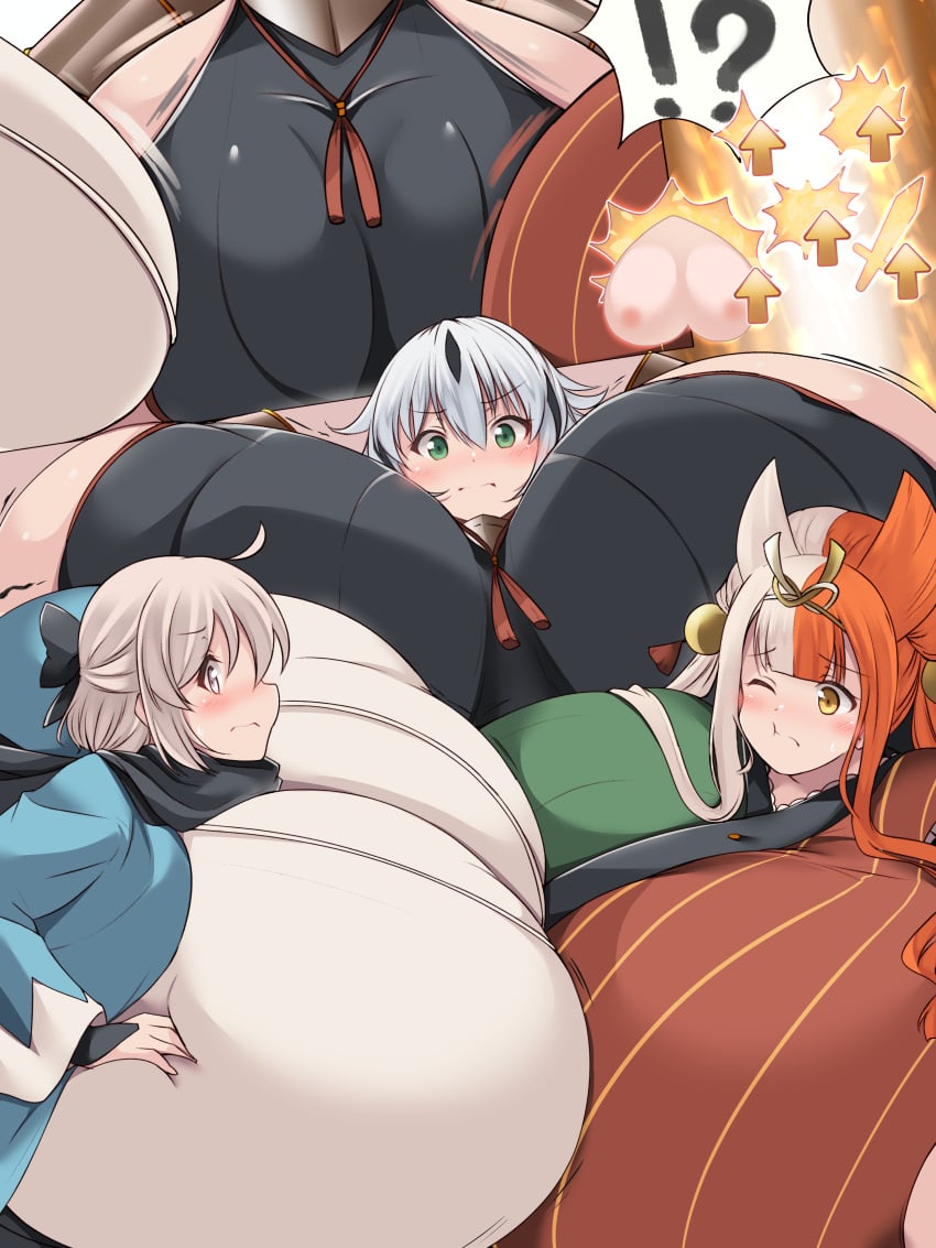 !? 2022 3girls bbw breast_expansion breast_to_breast breasts expansion fate/grand_order fate_(series) female_focus female_only gigantic_breasts green_eyes hyper hyper_breasts izumo_no_okuni_(fate/grand_order) kurocaze massive_breasts nagao_kagetora_(fate) okita_souji_(fate) okita_souji_(fate)_(all) one_eye_closed overweight overweight_female shocked short_hair surprised two_tone_hair yellow_eyes