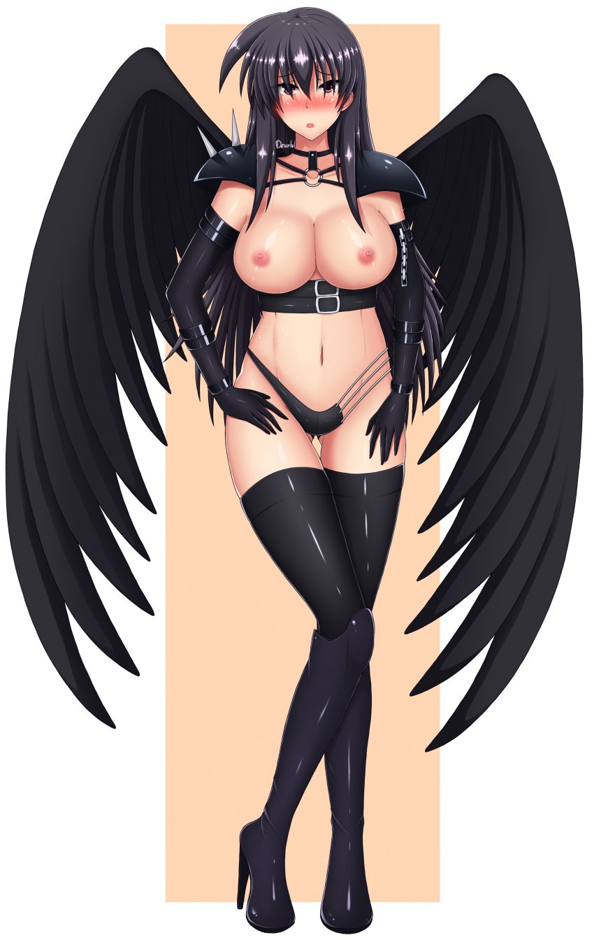 black_gloves black_hair black_wings blush deuzlul female high_school_dxd large_breasts long_gloves long_hair open_mouth pink_eyes raynare shoulder_pads solo thigh_boots thighhighs wings