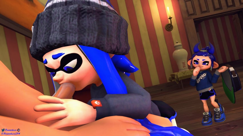 1boy 2girls 3d blue_eyes blue_hair dev_(freezerburn) fellatio freezerburnsfm inkling inkling_girl octoling octoling_girl penis sfm source_filmmaker splatoon splatoon_2 tagme watching