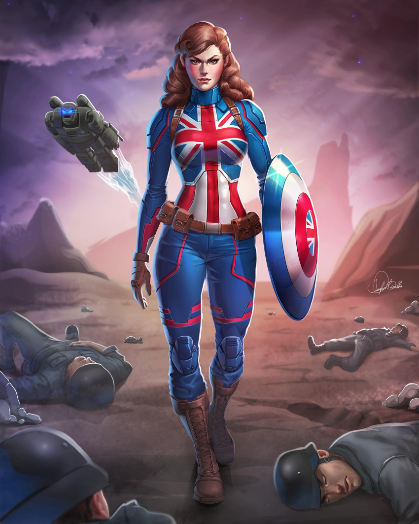 1girls bodysuit boots brown_hair captain_carter clothed clothed_female douglas_bicalho female female_focus freckles light-skinned_female light_skin looking_at_viewer marvel marvel_cinematic_universe marvel_comics peggy_carter red_hair shield solo_focus superhero_costume tight_clothing voluptuous what_if...? wide_hips