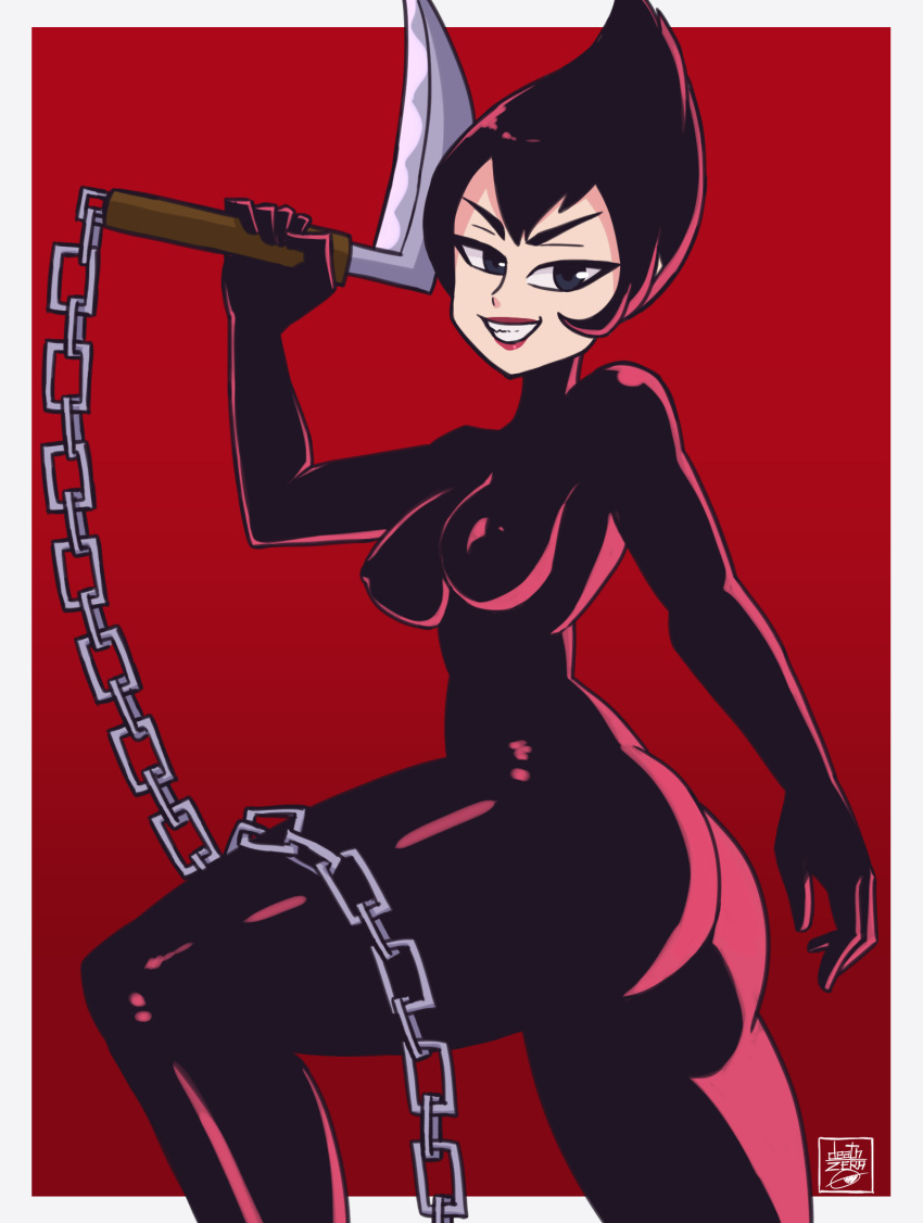 1girls 2d adult_swim areolae ashi_(samurai_jack) ass big_ass black_hair bodysuit breasts cartoon_network chains daughters_of_aku deathzera female female_focus female_only female_solo highres holding_object holding_weapon looking_at_viewer nipples nipples_visible_through_clothing png red_background samurai_jack short_hair smiling_at_viewer solo solo_female thick_thighs thighs villainess