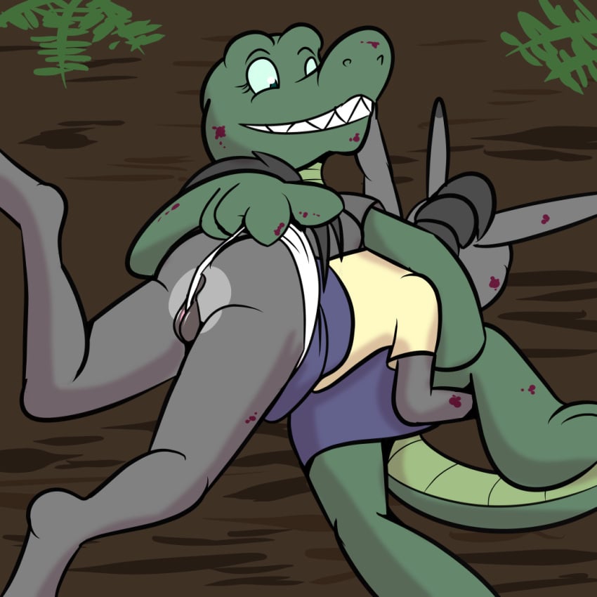 alligator alligatorid angie_(study_partners) anthro anus asinus bottomwear clothing crocodilian donkey duo equid equine female female/female fur genitals green_body green_scales grey_body grey_fur hair jennifer_(study_partners) mammal outside panties plant pussy pussy_floss reptile roughhousing scales scalie skirt study_partners teenager thunderouserections underwear young