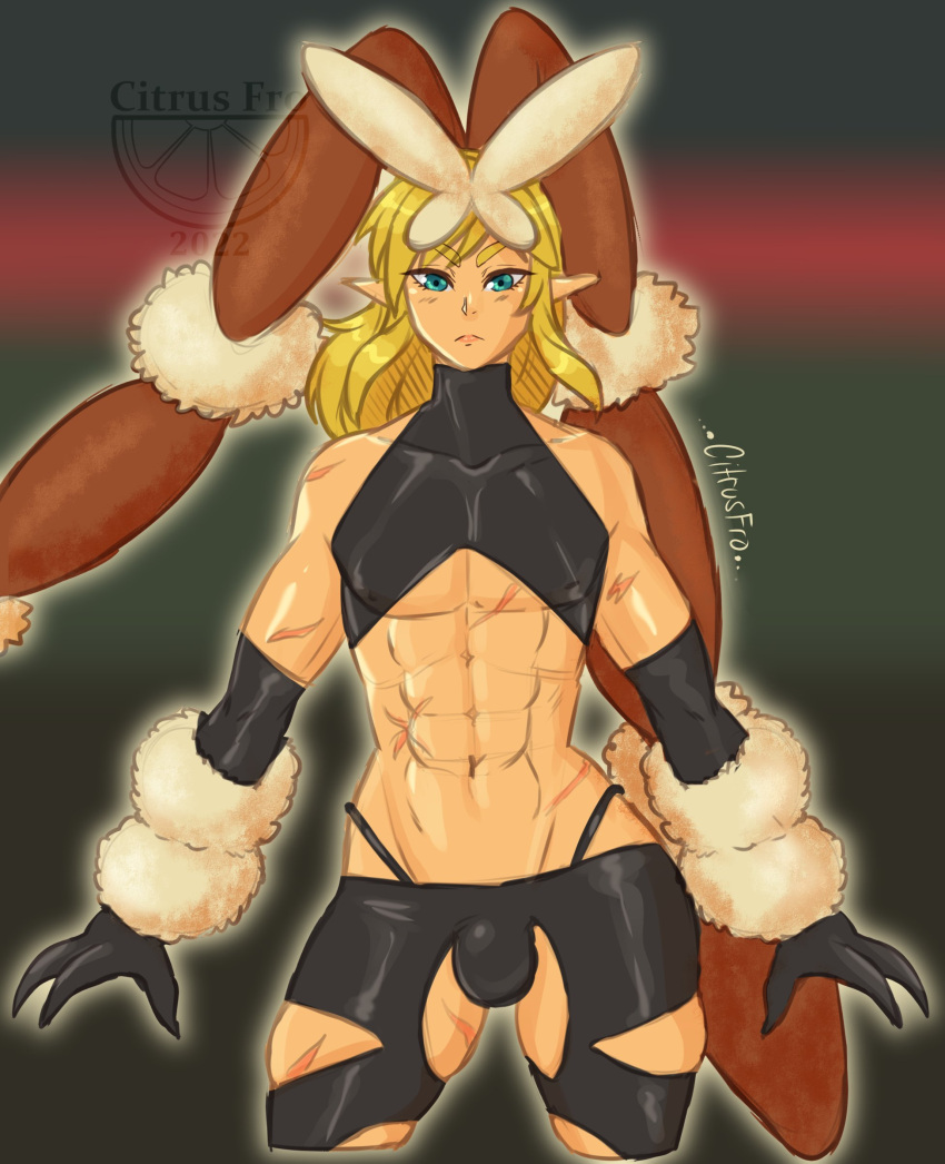 1boy abs blonde_hair blue_eyes bunny_ears citrusfro cosplay costume femboy hi_res latex link long_hair looking_at_viewer lopunny_(cosplay) male male_only mega_lopunny_(cosplay) nintendo penis_bulge pointy_ears pokemon pokemon_(cosplay) scars solo solo_female the_legend_of_zelda toned toned_male