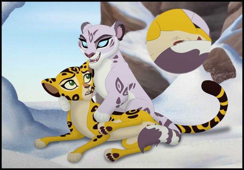 blue_eyes cheetah chuluun disney duo felid feline female female/female feral feral_on_feral fuli fur genitals hi_res kaion mammal pantherine pink_body pink_fur pussy snow snow_leopard the_lion_guard the_lion_king white_body white_fur yellow_body yellow_fur