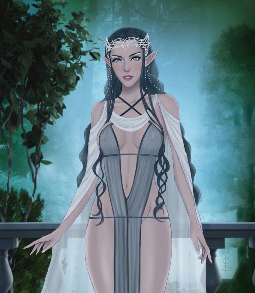 1girls arwen_undomiel balandis-meow bottomless elf elf_ears elf_female female female_only lord_of_the_rings nature_background nipples_visible_through_clothing revealing_clothes see-through_clothing signature solo solo_female very_long_hair