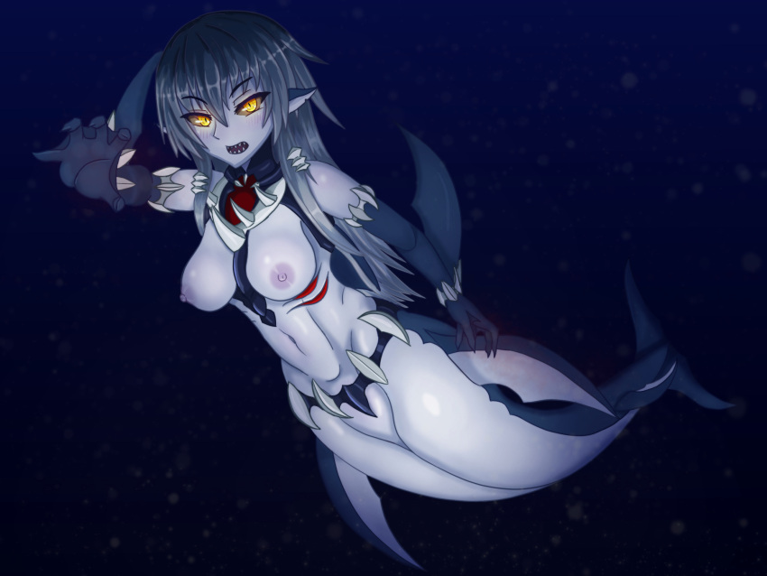 blush female large_breasts long_hair mershark_(monster_girl_encyclopedia) monster_girl monster_girl_encyclopedia open_mouth shark_teeth sharp_teeth solo sturdyplywood underwater yellow_eyes