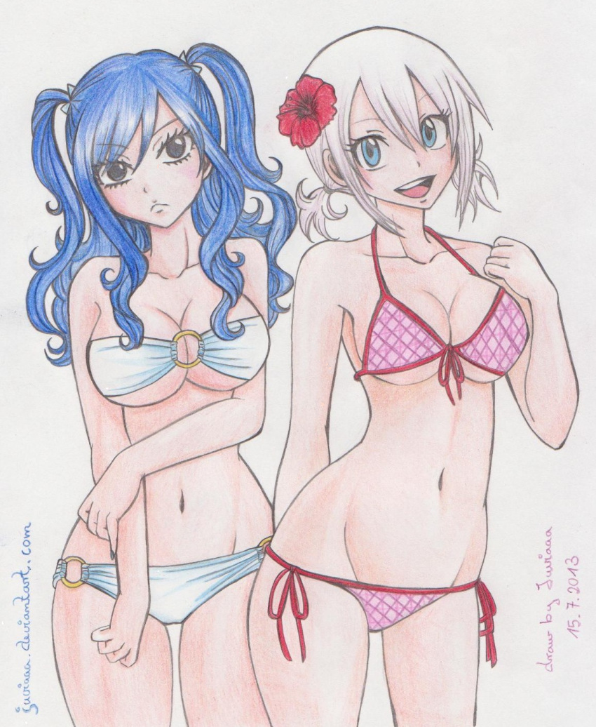 2013 2girls artist_signature bikini blue_hair colored dated fairy_tail female female_only flower_in_hair juvia_lockser juviaaa lisanna_strauss multiple_girls twintails url white_hair