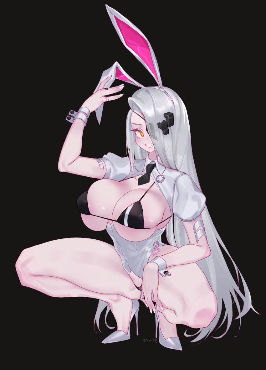 absurdres alchemist_(girls'_frontline) animal_ears bikini bikini_top_only black_background black_necktie breasts eonsang eyepatch fake_animal_ears female full_body girls'_frontline grin hair_ornament high_heels highres jewelry large_breasts leotard long_hair looking_at_viewer nail_polish necktie playboy_bunny puffy_short_sleeves puffy_sleeves rabbit_ears ring sangvis_ferri shoes short_sleeves silver_hair simple_background skindentation smile solo squatting swimsuit very_long_hair white_footwear white_leotard white_nails wrist_cuffs yellow_eyes