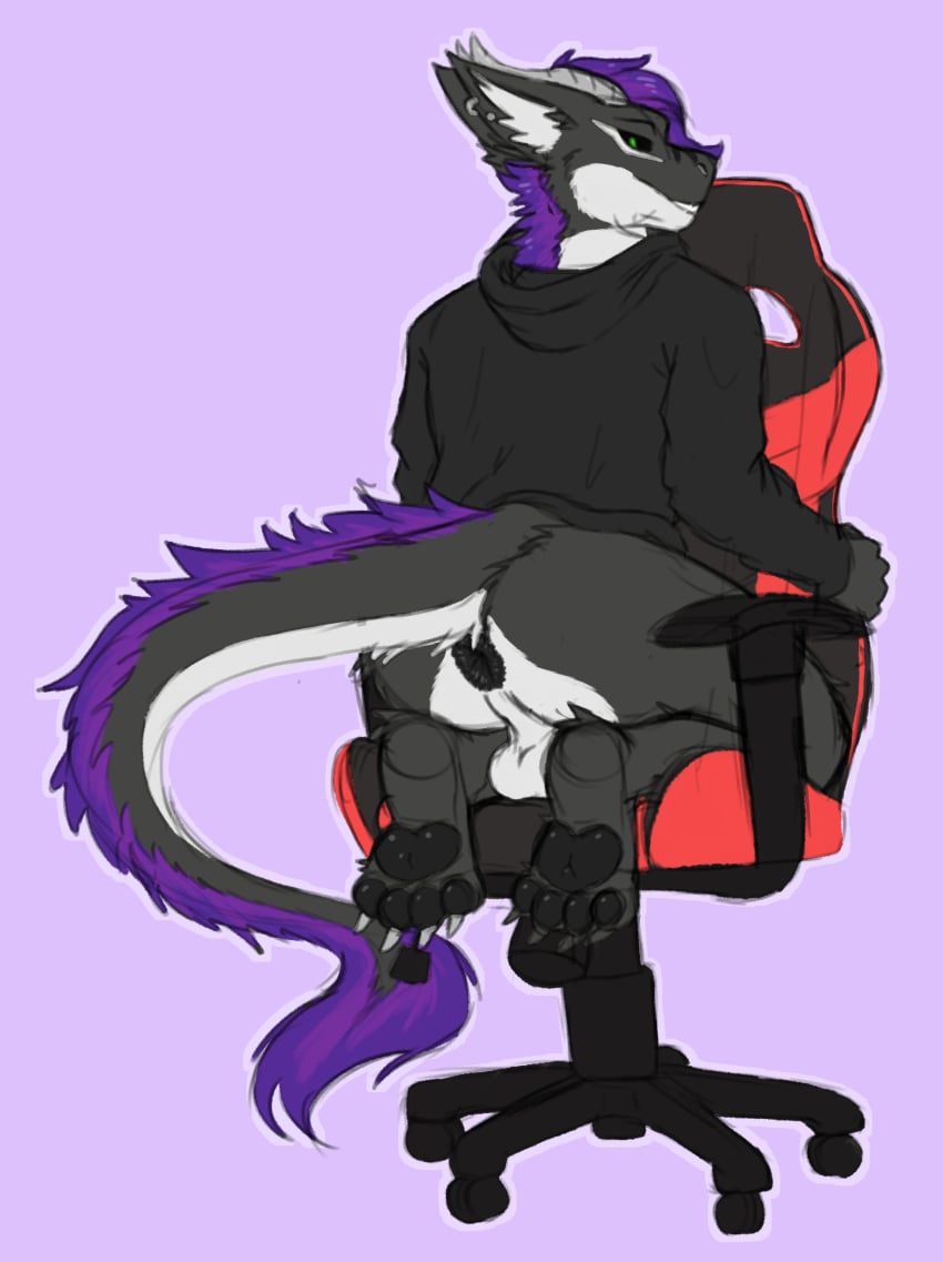 4_toes absurd_res anthro anus ass balls black_anus black_pawpads bottomless clothed clothing deeroni dragon feet fur genitals grey_body grey_fur hair hi_res hoodie horn male pawpads paws perineum purple_background purple_hair rear_view simple_background soles solo toes topwear