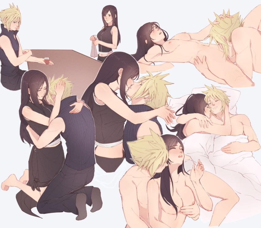 1boy bare_shoulders barefoot bed bed_sheet black_hair blonde_hair breasts cloud_strife couple cuddling cunnilingus earrings female final_fantasy final_fantasy_vii final_fantasy_vii_advent_children grabbing grabbing_from_behind groping high_collar holding hug jewelry kissing long_hair lying midriff nude on_back oral perlmuttt red_eyes shirt sleeping spiked_hair tifa_lockhart