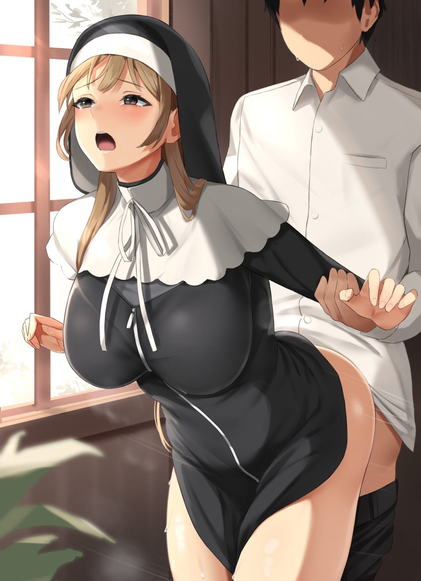 Rule 34 Dev - 1boy absurdres arm_held_back bangs blonde_hair breasts  brown_eyes clothed_sex eyebrows_visible_through_hair female habit highres  large_breasts long_hair nijisanji nun sex sister_cleaire solo_focus  standing standing_sex straight ...