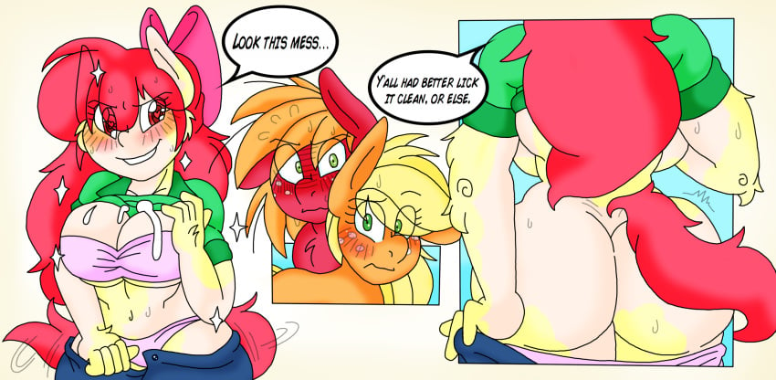 aged_up anthro apple_bloom_(mlp) applejack_(mlp) ass big_macintosh_(mlp) blackbewhite2k7 blonde_hair bodily_fluids bra breasts clothing cum cum_on_breasts earth_pony english_text equid equine female feral friendship_is_magic genital_fluids hair hasbro hi_res horse human human_to_anthro male mammal my_little_pony orange_body orange_hair pony red_body red_hair red_tail species_transformation text transformation underwear undressing yellow_body