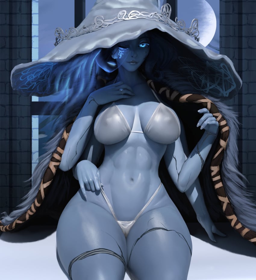 1girls 4_arms abs big_breasts bikini blue_body blue_eyes blue_hair blue_skin breasts elden_ring female female_only fromsoftware glowing_eyes hat looking_at_viewer multi_arm multi_limb nipple_bulge one_eye_closed popogori ranni_the_witch sitting smile solo solo_female thick_thighs voluptuous wide_hips witch_hat