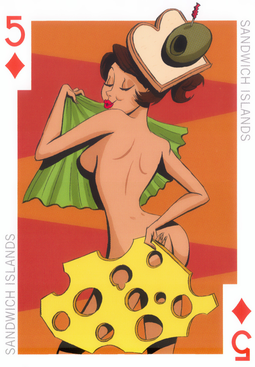 54_international_cuties bill_presing bread brown_hair cheese covering_ass covering_breasts covering_butt food lettuce nude number_15_burger_king_foot_lettuce olive_(fruit) pinup playing_card sandwich sandwich_island simple_background