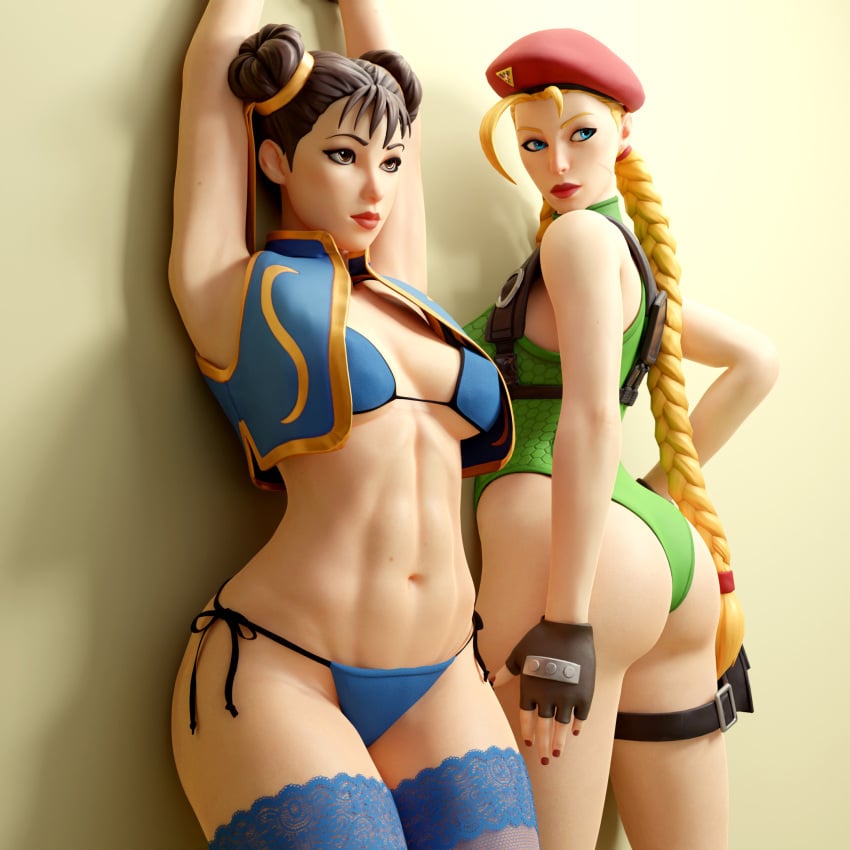 2girls 3d against_wall arms_up ass bikini blonde_hair blue_eyes braid brown_eyes brown_hair cammy_white cammy_white_(fortnite) capcom chun-li chun-li_(fortnite) dpmaker female female_only fingerless_gloves fishnet_stockings fishnets fortnite hair_bun hair_buns hat hi_res leotard long_hair red_lips stockings street_fighter tied_hair x_redeyes