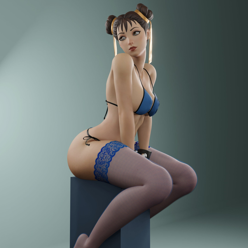 1girls 3d bikini brown_eyes brown_hair capcom chun-li chun-li_(fortnite) dpmaker female female_only fishnet_stockings fishnets fortnite hair_bun hair_buns hi_res looking_away red_lips sitting solo solo_female spiked_bracelet stockings street_fighter thick_thighs tied_hair x_redeyes