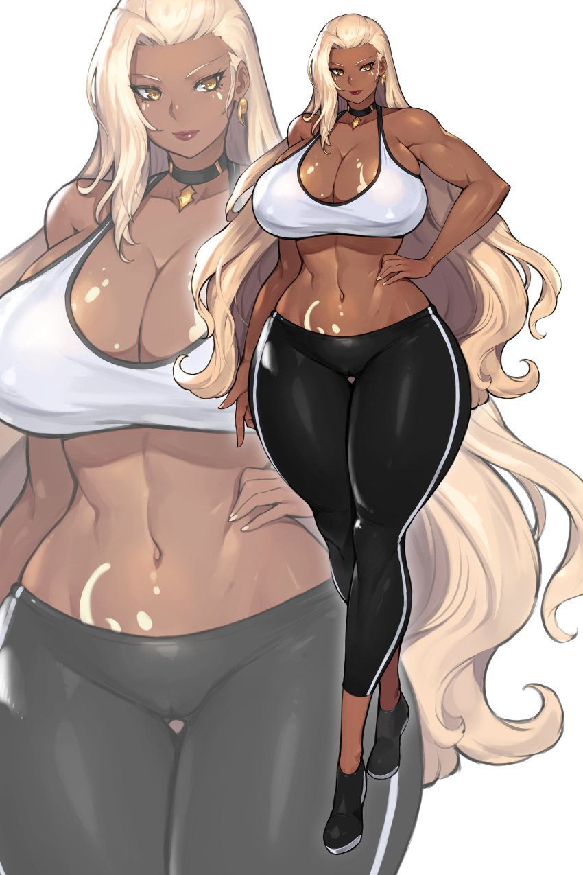 1girls athletic athletic_female bare_arms bare_midriff bare_shoulders blonde_hair breasts cameltoe choker cleavage clothing dark-skinned_female dark_skin ear_piercing earrings female female_focus female_only gurimjang large_breasts leggings lipstick long_hair midriff milf muscles muscular muscular_female navel navel_line necklace nipple_bulge original shiny_skin skin_tight solo solo_female sportswear taller_girl tank_top thick_thighs thighs wide_hips workout_clothes yellow_eyes