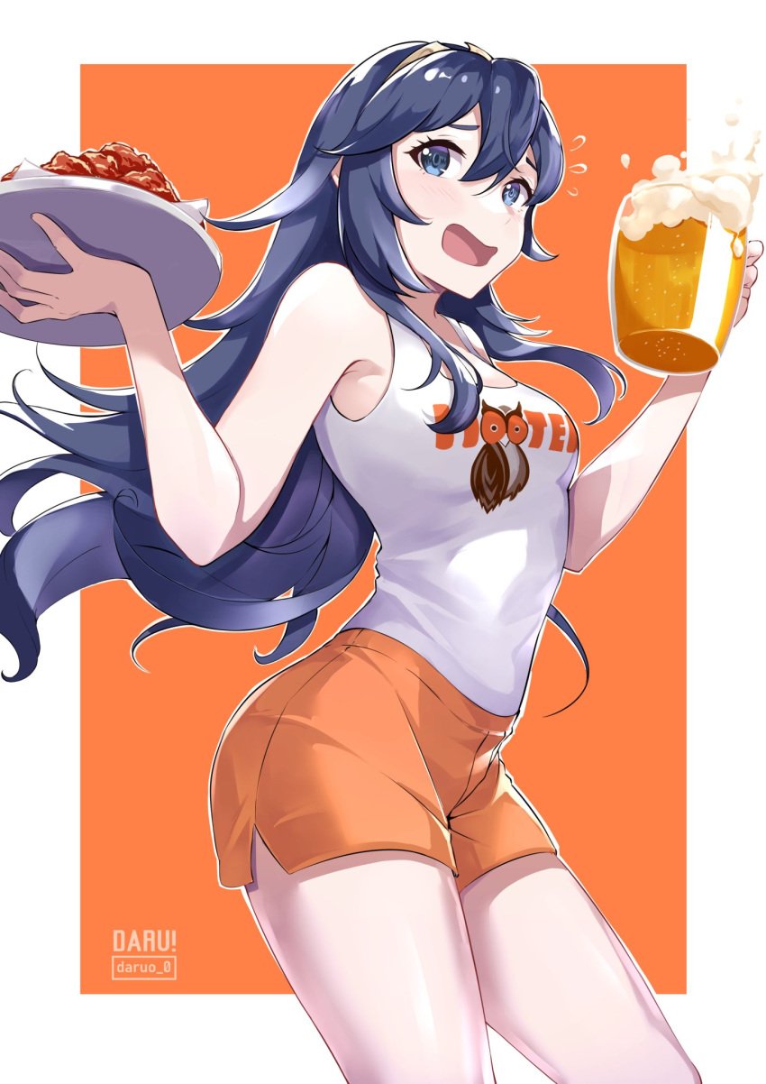 1girls alcohol alternate_costume beer blue_eyes blue_hair blush breasts cleavage daru daruo_0 employee_uniform female female_only fire_emblem fire_emblem_awakening food hair_between_eyes highres hooters long_hair looking_at_viewer lucina_(fire_emblem) nintendo no_legwear open_mouth orange_shorts short_shorts shorts simple_background solo tank_top tiara uniform waitress