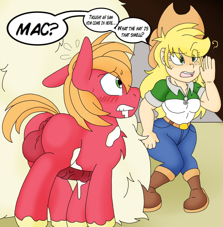 2018 after_transformation animal_genitalia animal_penis applejack_(mlp) big_macintosh_(mlp) blackbewhite2k7 blush bodily_fluids clothing comic cowboy_hat digital_media_(artwork) drooling earth_pony equid equine equine_penis female feral footwear friendship_is_magic fur genitals green_eyes hasbro hat headgear headwear hi_res hooves horse human male mammal my_little_pony penis pony red_body red_fur saliva shoes sweat text