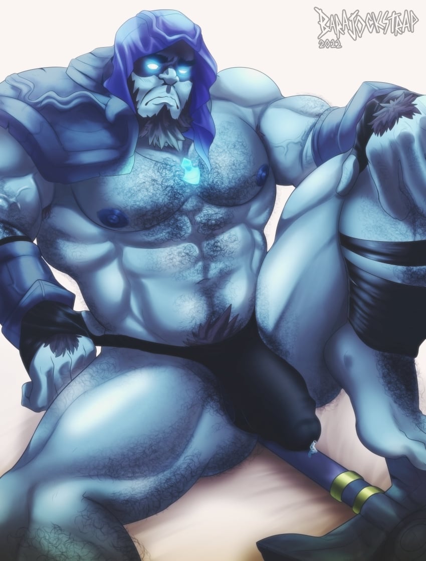 armor_removed bandages bara barajockstrap beard blue_eyes blue_skin chest_hair daddy facial_hair gay glowing_eyes hairy happy_trail league_of_legends male_only mature_male monster_boy muscles muscular_male pubic_hair shovel underwear yorick