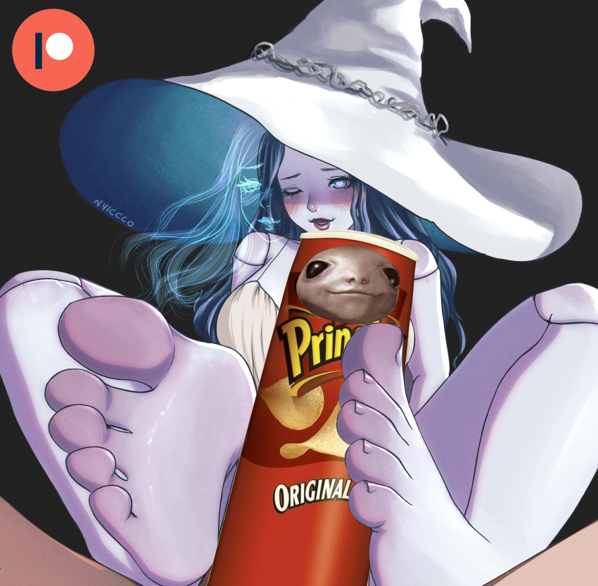 albinauric blue_eyes blue_hair blue_skin blush censored censored_penis elden_ring feet foot_fetish foot_focus foot_play footjob fromsoftware funny meme nyiccco patreon pringles pringles_can ranni_the_witch witch