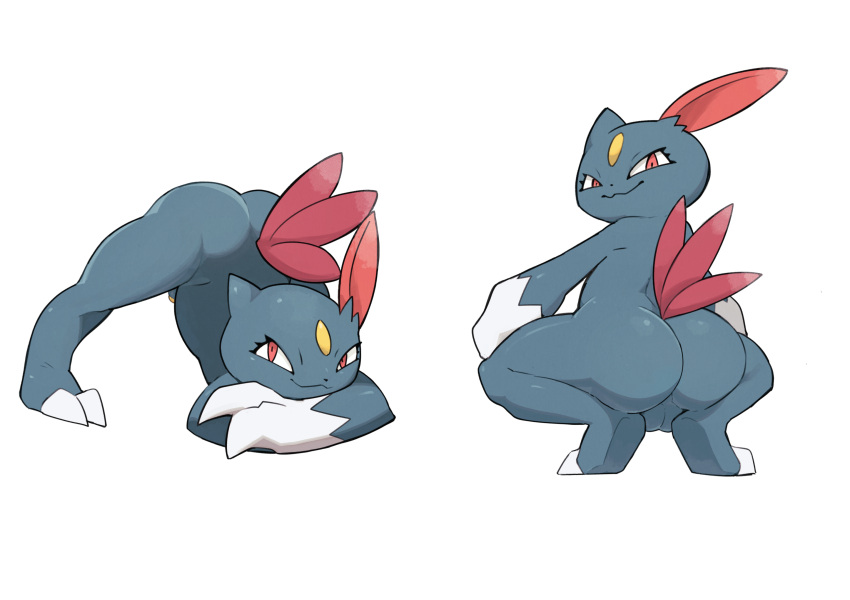 2022 2_toes alpha_channel anonymous_artist ass balls crouching digital_media_(artwork) eyelashes feet genitals hi_res jack-o&#039;_pose looking_at_viewer looking_back male multiple_poses nintendo penis pokemon pokemon_(species) pose red_eyes smile sneasel solo toes video_games