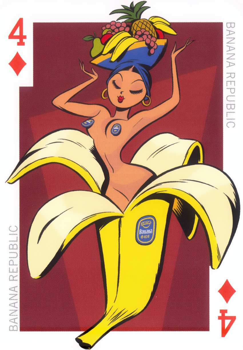 54_international_cuties banana banana_peel banana_republic basket_on_head bill_presing chiquita_banana closed_eyes covered_nipples earrings fruit_basket fruit_hat fruit_hat_ornament hourglass_figure nude parody pasties pinup playing_card sticker stickers