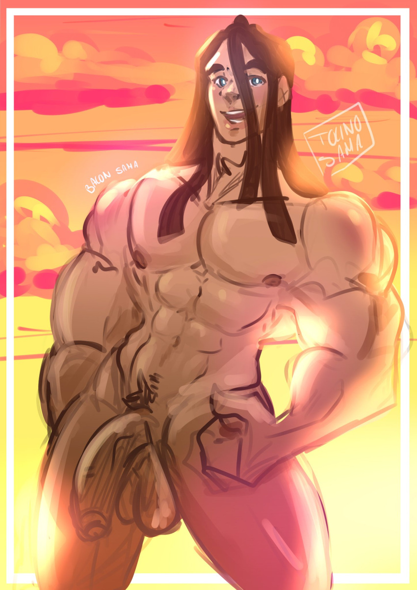 1boy abs bacon_sama balls ballsack big_balls big_pecs big_penis blue_eyes brown_hair dangling_testicles foreskin huge_cock human intact long_hair_male low_hanging_balls male male_nipples male_only male_pubic_hair muscles muscular_male original_character outdoors outside partially_retracted_foreskin pecs penis semi-erect smile smooth_skinned_male solo uncut veiny_penis