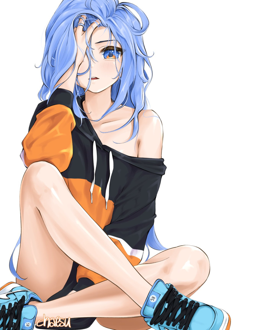 1girls black_clothing blue_eyes blue_hair chaesu female hoodie human knee_up leg_up legs messy_hair minah nike no_bra no_panties no_underwear orange_clothing orange_eyes shoes sneakers solo sportswear tsundere