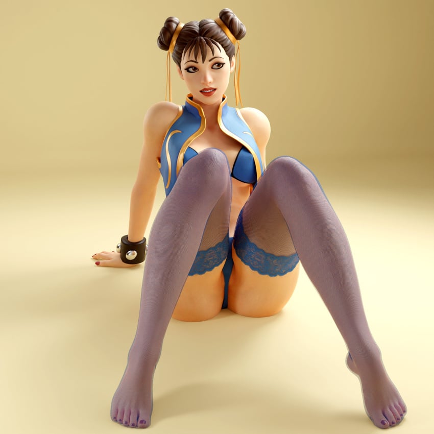 1girls 3d absurd_res bikini brown_eyes brown_hair capcom chun-li chun-li_(fortnite) dpmaker female female_only fishnet_stockings fishnets fortnite hair_bun hair_buns leaning_back looking_away red_lips sitting sitting_on_floor solo solo_female spiked_bracelet stockings street_fighter tied_hair x_redeyes