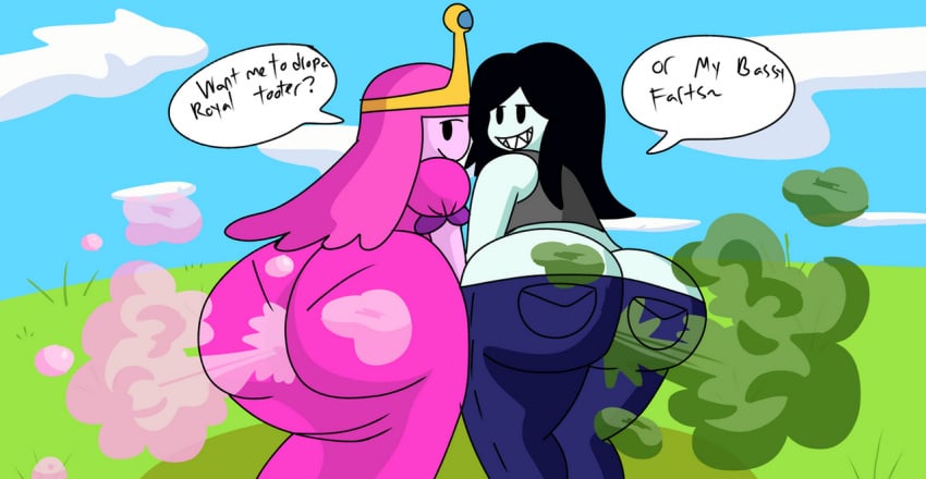 2girls adventure_time alternate_version_available ass ass_cleavage big_ass big_butt black_hair brappycatty butt butt_crack cartoon_network fart fart_cloud fart_fetish farting farting_at_viewer fat_ass fat_butt female female_only fully_clothed grey_skin huge_ass huge_butt looking_at_viewer marceline multiple_girls pink_hair pink_skin princess_bubblegum sunniefunnie text text_bubble thick_ass thick_butt vampire warner_brothers