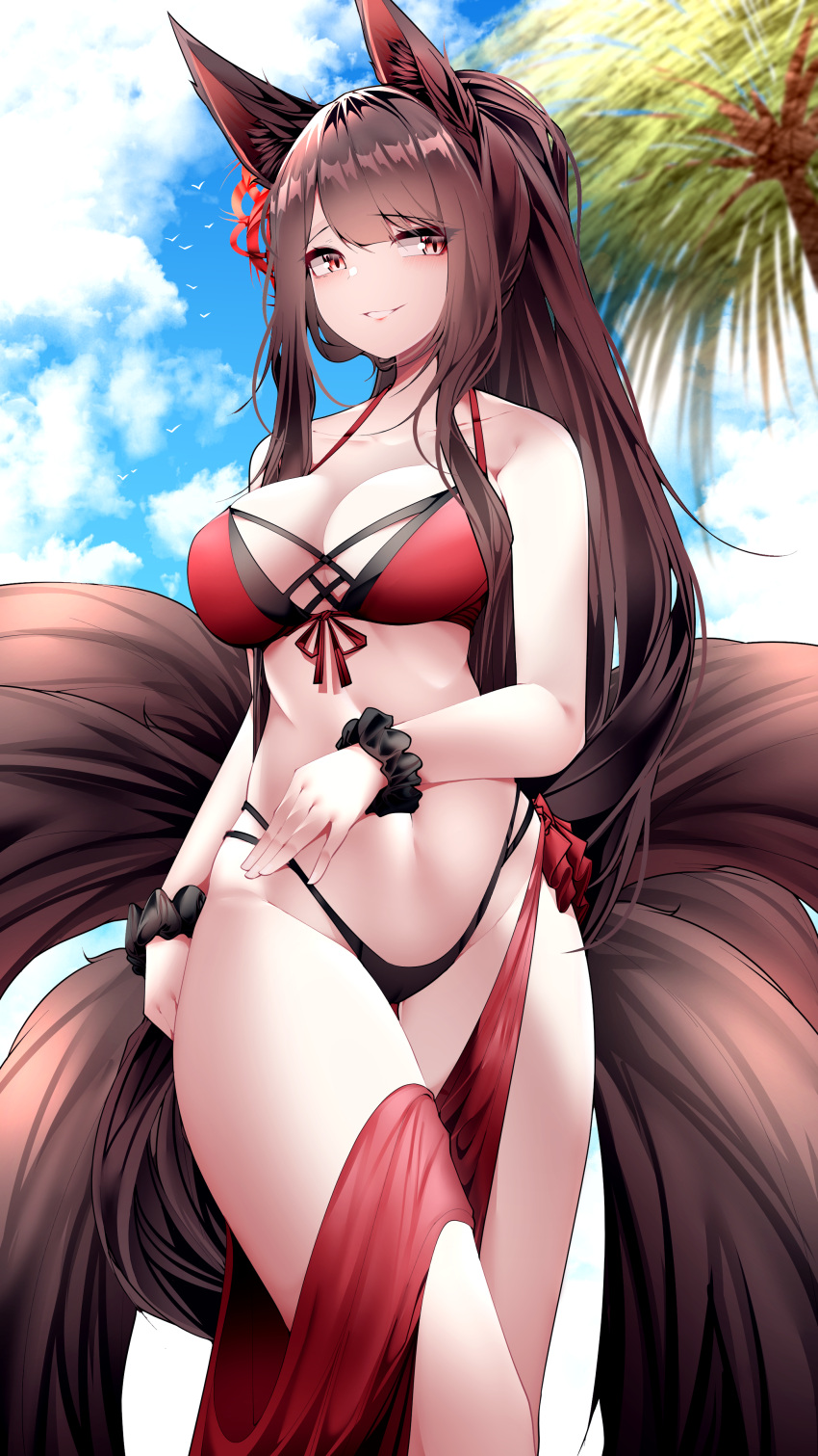 1girls absurdres akagi_(azur_lane) akagi_(paradise_amaryllis)_(azur_lane) animal_ears azur_lane bangs bare_arms bare_shoulders bikini black_scrunchie blue_sky blush breasts brown_hair cleavage cloud commentary cowboy_shot day eyebrows_visible_through_hair female fox_ears fox_tail grin groin highres large_breasts light-skinned_female light_skin long_hair looking_at_viewer multiple_tails navel official_alternate_costume red_bikini red_eyes sakura_empire_(azur_lane) samip sarong scrunchie sky smile solo standing stomach swimsuit tail thighs twisted_torso very_long_hair wrist_scrunchie