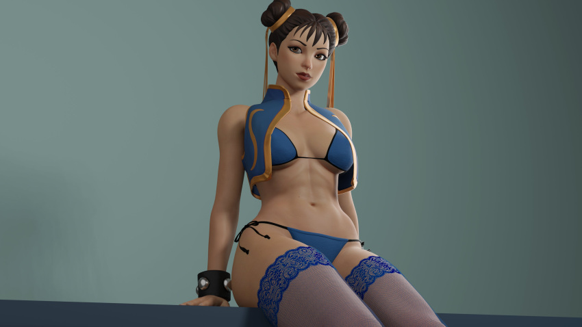 1girls 3d bikini brown_eyes brown_hair capcom chun-li chun-li_(fortnite) dpmaker female female_only fishnet_stockings fishnets fortnite hair_bun hair_buns looking_at_viewer red_lips sitting solo solo_female spiked_bracelet stockings street_fighter thick_thighs tied_hair very_high_resolution x_redeyes