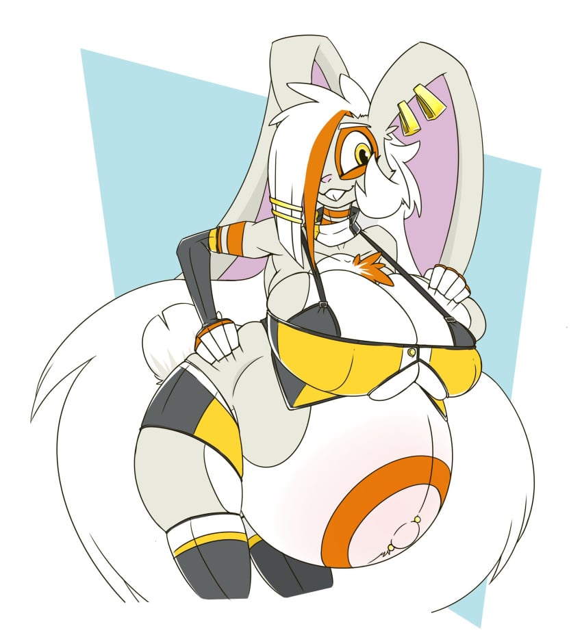 anthro big_belly big_breasts breasts buckteeth chest_tuft clothing ear_piercing elbow_gloves female lagomorph long_ears navel_piercing orange_hair outie_navel pink_nose pregnant rabbit ready_to_pop shorts simple_background smile thigh_highs two_tone_hair white_background white_body white_hair wouhlven yellow_eyes