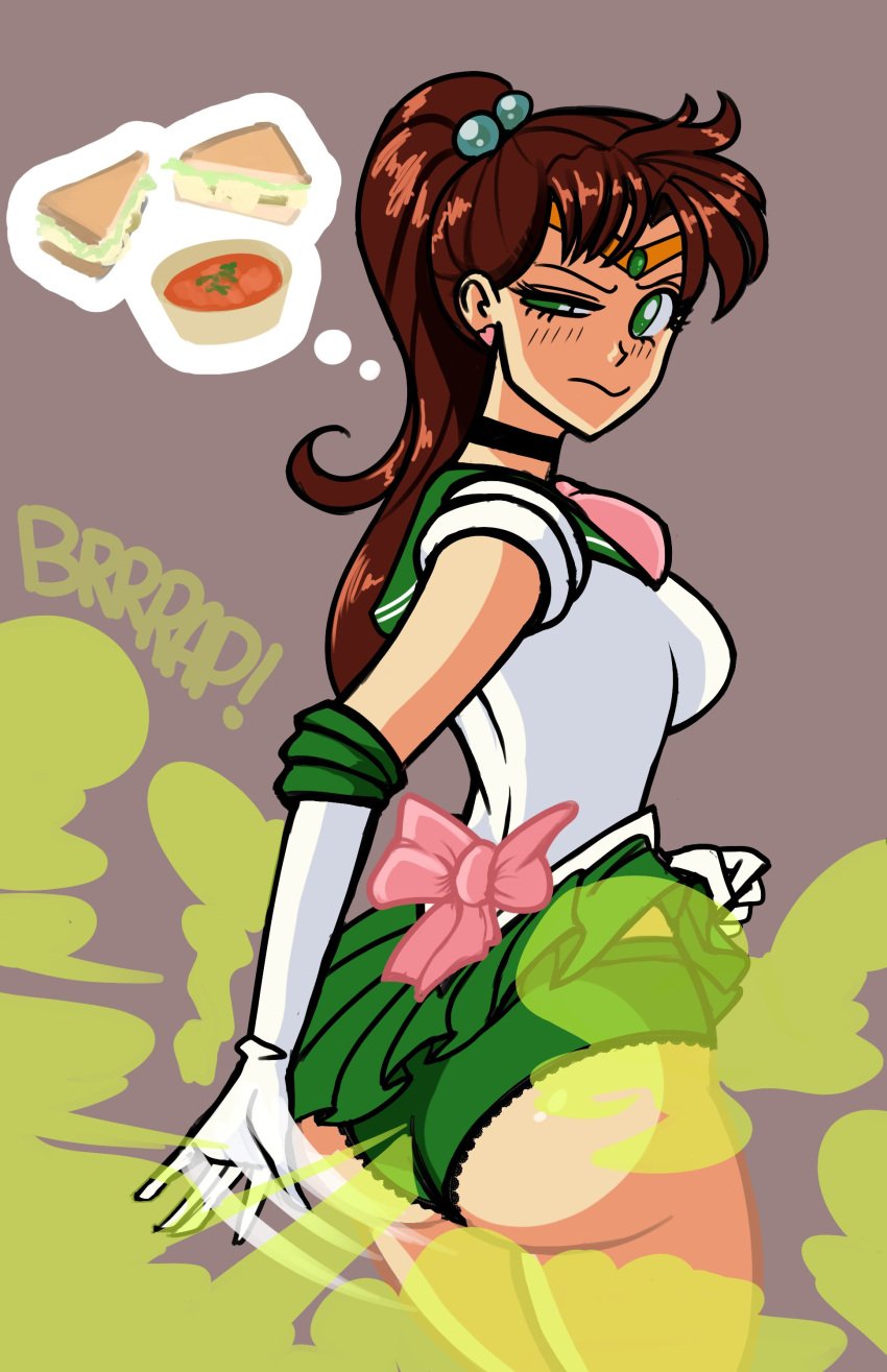 1girls ass big_ass big_butt bishoujo_senshi_sailor_moon brap brown_hair circlet clothing elbow_gloves fanning fart fart_cloud fart_fetish farting female female_only food gloves green_panties lolotron6 makoto_kino panties sailor_jupiter skirt small_breasts solo solo_female yoshizilla