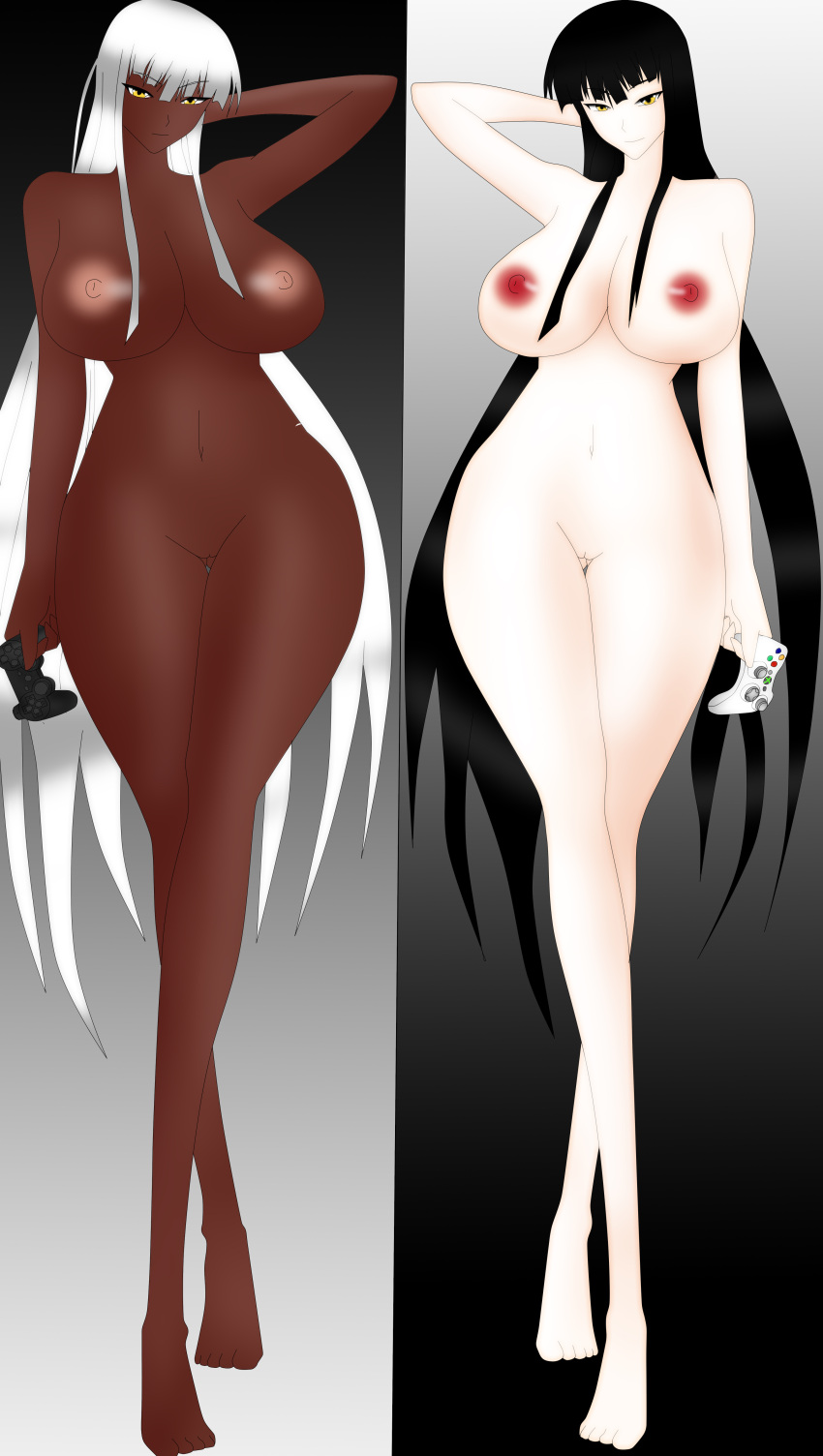 2girls big_breasts black_hair black_skin dark-skinned_female dark_skin dual_persona female_only female_protagonist_(houkago_play) houkago_play huge_breasts long_hair multiple_girls noir-black-shooter playstation_controller white_hair xbox_controller