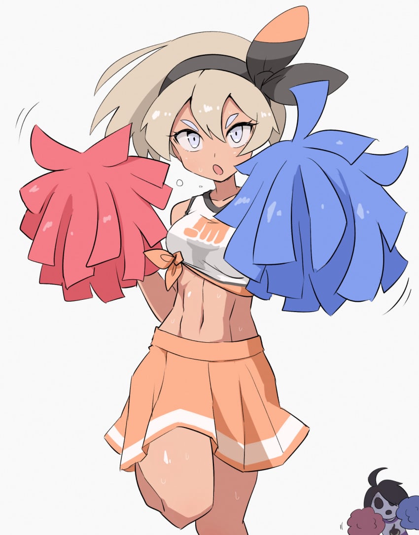 1boy 1girls abs allister_(pokemon) athletic athletic_female bea_(pokemon) breasts cheerleader cheerleader_uniform crop_top fit fit_female grey_eyes grey_hair hairband kurachi_mizuki looking_at_viewer medium_breasts midriff navel nintendo orange_skirt pokemon pokemon_ss pom_pom_(cheerleading) short_hair skirt white_crop_top